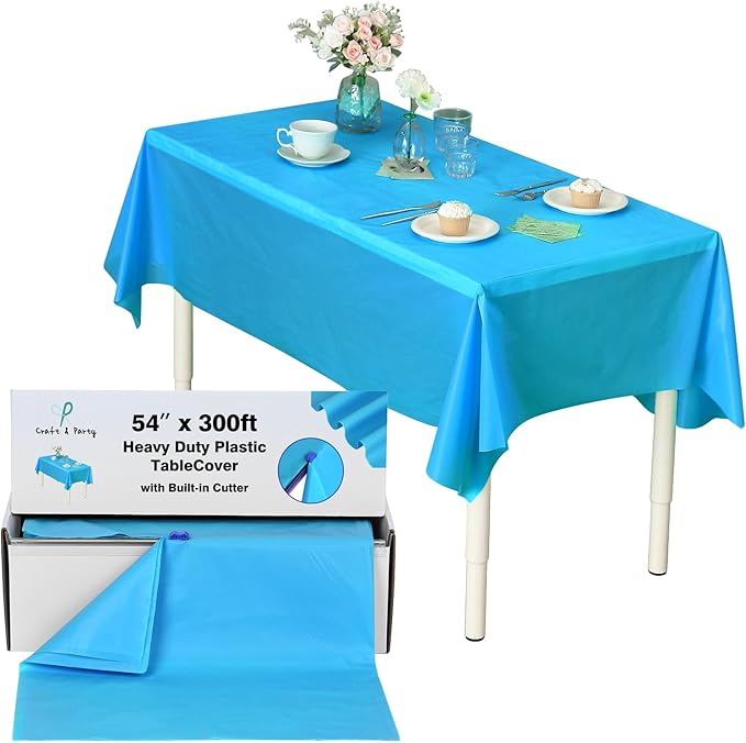 Craft And Party, 54 in x 300 feet Plastic Table Cover Roll for Party, Banquet, Picnic, Kids Activities for Any Size and Shape Table (Turquoise, 54" x 300ft)