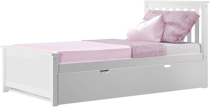 Max & Lily Twin Bed, Wood Bed Frame with Headboard For Kids with Trundle, Slatted, White