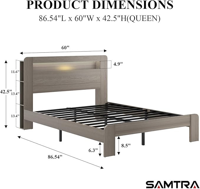 Wooden Bed Frame Queen Size with Storage Headboard - Farmhouse Platform Bed Frame with Bookcase Shelf & Led Lights, Sturdy Wood Slat Framework Bed Frame (Light Brown LED)