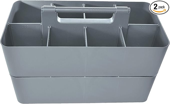 2 PACK - Portable DIY 8 Dividers Durable Plastic Tote Tool & Supply Cleaning Caddy with Handle Made In USA (Orion Gray)