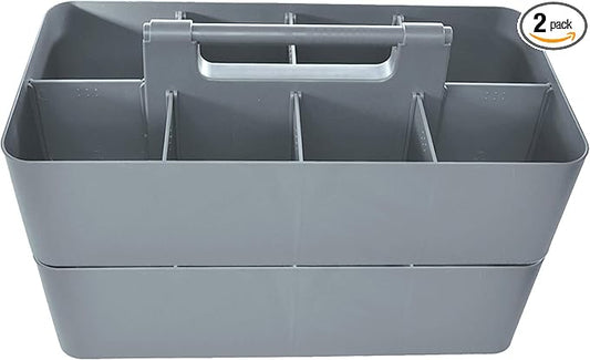 2 PACK - Portable DIY 8 Dividers Durable Plastic Tote Tool & Supply Cleaning Caddy with Handle Made In USA (Orion Gray)