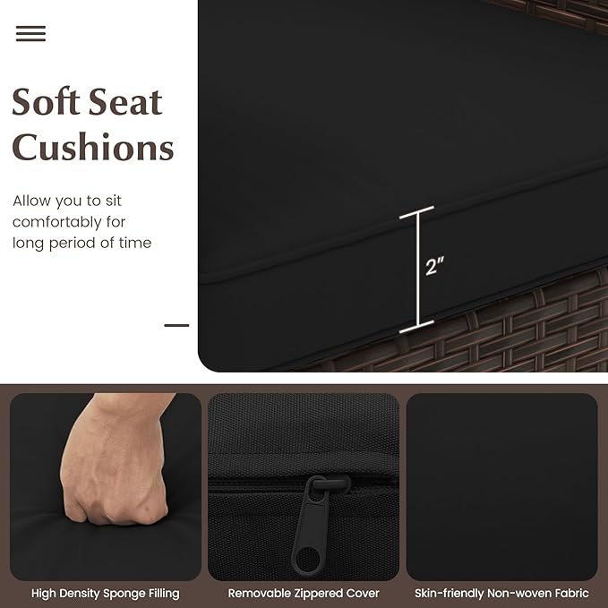 Tangkula 3 Pieces Patio Rattan Furniture Set, Outdoor Conversation Set with PE Wicker Armchairs, Tempered Glass Top Coffee Table, Soft Removable Cushions, for Porch Garden Yard Balcony (Black)