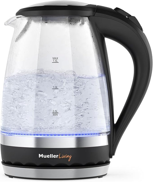 MuellerLiving Glass Kettle 1.5L 1500W LED Light Electric Tea Kettle Automatic Shut-Off with SpeedBoil Tech and Boil-Dry Protection