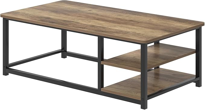 EXCEFUR Coffee Table with Storage Shelf, Modern Wood and Metal Center Table for Living Room, Rustic Oak, 47 Inch
