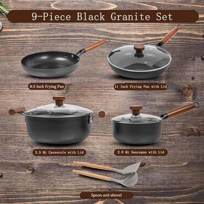 AUDANNE Nonstick Pots and Pans Set, 9 Pieces Non Stick Kitchen Cookware, Cooking Skillets Include Frying Pan with Lid, Saucepan, Casserole, Spoon, Turner Spatula, PFOA Free for Induction, Black