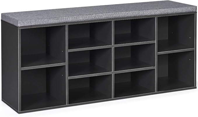 Giantex Shoe Storage Bench with Cushion, Entryway Shoe Rack Bench, Adjustable Shelves, 10-Cubbies Shoe Organizer Bench for Entryway, Living Room, Bedroom, Hallway, Closet, Mudroom (Grey)