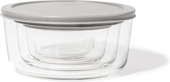 8-Piece Glass Food Storage Containers Set (4 Containers + 4 Lids) | Round, Nesting, Microwave & Dishwasher Safe | BPA-Free, Space-Saving | Grey Lids for Pantry & Kitchen Organization