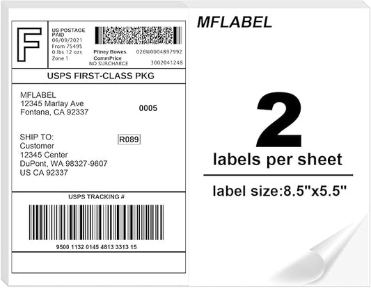 MFLABEL Half Sheet Label Laser/Ink Jet Shipping Label 8.5 x 11 Inches Packaging Labels, Address Labels for Laser & Inkjet Printers, 2500 Count(1250 Sheets)