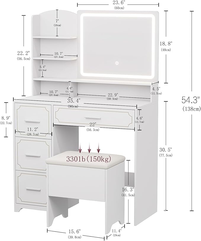 Vanity Table with LED Mirror & Power Outlet - 5 Open Shelves, 4 Drawers - Includes Padded Stool - Ideal Bedroom Makeup Dressing Table （White）