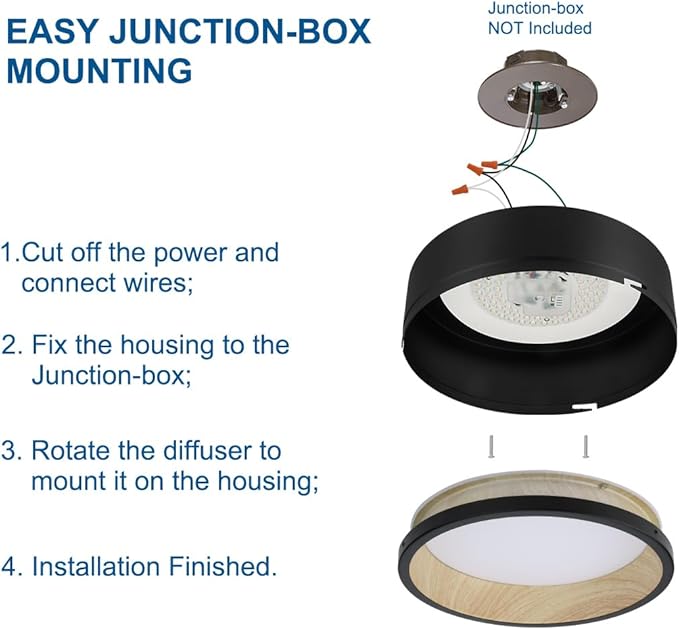 DAKASON LED Flush Mount Ceiling Light Fixture 12.5'' 25W 1500LM, 3000/4000/5000K CCT Selectable, Painted Woodgrain and Black Frame, Dimmable Modern LED Ceiling Light for Kitchen, Hallway, Living Room