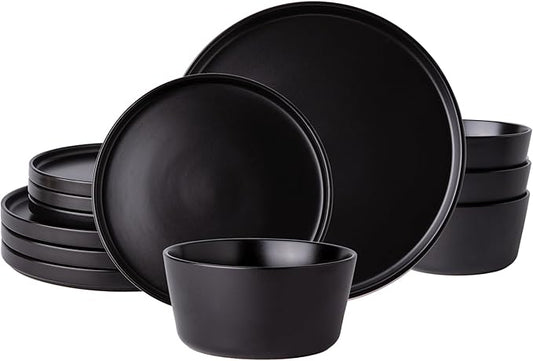 AmorArc Ceramic Dinnerware Sets for 4, Modern Flat Stoneware Plates and Bowls Sets,Chip and Crack Resistant Dishwasher & Microwave Safe Dishes Set,Scratch Resistant- Service for 4 -Matte Black (12pcs)