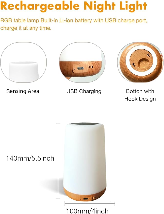 TLAOTNIY Baby Night Light, Dimmable Touch Lamp for Nursery, Portable Rechargeable Bedside Table Lamp for Bedroom, 13 RGB Colors 5 Brightness, Night Lamp for Kids Living Room Bathroom Hallways