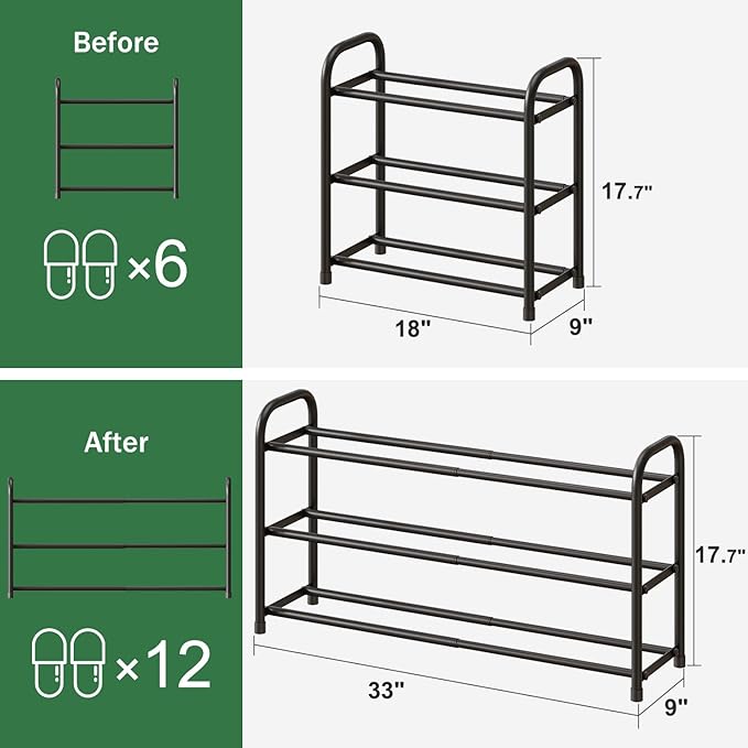 Shoe Rack for Closet, 3-Tier Expandable Shoe Organizer, Metal Adjustable Black Shoe Shelf Storage Organizer, Free Standing Shoe Rack for Entryway Closet Doorway