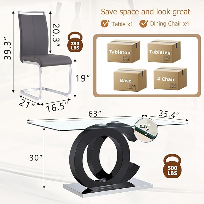 63'' Glass Dining Table Set for 4, Kitchen Table Chairs Set of 4, Clear Glass Dining Table with Black unique design Leg and Silver Metal Base, 4 PU Dining Chairs with Metal Legs, Living Room, Kitchen.