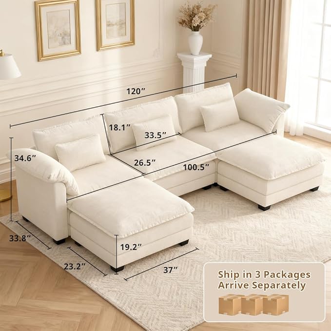 COMHOMA 120" U Shaped Sectional Sofa with Movable 2 Ottomans,Comfy Cloud Modular Couch with Throw Pillows,Modern Chenille Deep Seat Sofa Couches for Living Room,Beige