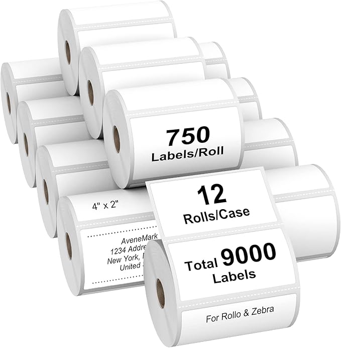 AveneMark 12 Rolls 4" x 2" Direct Thermal Labels for Barcodes Postage Address Shipping Labels Compatible with Rollo & Zebra Desktop Printers Adhesive - 750 Labels/Roll