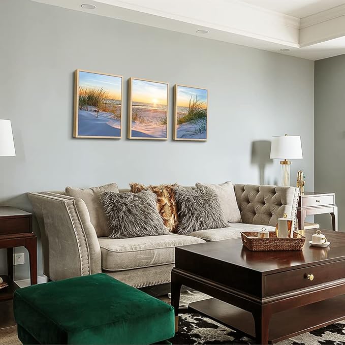 Natural Wood Framed Wall Art for Living Room and Bedroom - Large Size Sun Blue Beach Pictures - Office and Home Decor - Ocean Paintings Set of 3 Piece Framed Art Prints