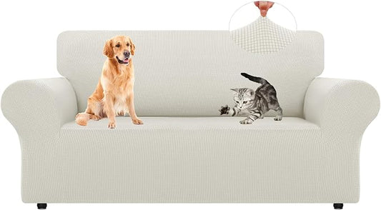 LURKA Stretch Loveseat Sofa Slipcovers 1 Piece Couch Covers for Sofa Furniture Protector Full Sofa Covers with Elastic Bottom for Kids and Dog (Medium, Ivory)