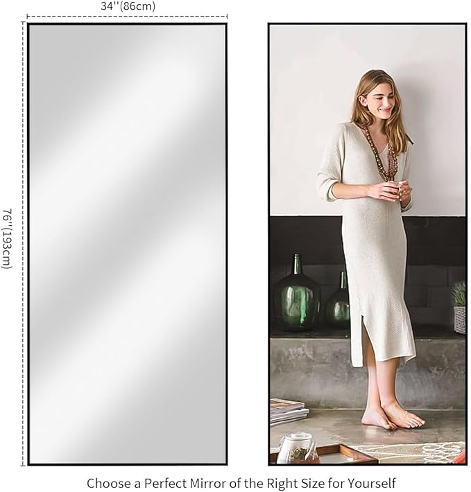 Koonmi Large Mirror Full Length 35"x78", Floor Body Mirror with Stand, Metal Frame Wall-Mounted Full Size Mirrors for Hanging Leaning or Standing, Black