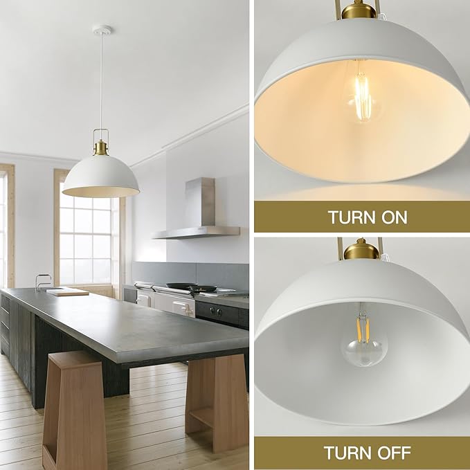 12 Inch White Farmhouse Pendant Lights for Kitchen Island Industrial Haning Lamp Adjustable Height Vintage Dome Hanging Light Fixtures for Barn, Dining Room