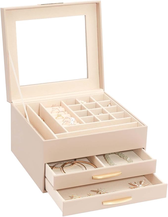 Jewelry Storage Box with Glasses Lid, 3-Tiers Jewelry Organizer Box for Women Girls, Jewelry Case for Rings, Bracelets Earrings, Necklaces (Apricot)