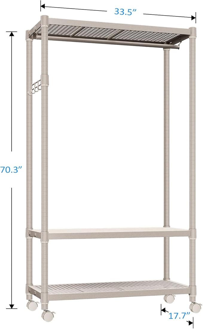 IZEUK Heavy Duty Clothing Rack with Wheels, Rolling Closet Organizer and Garment Rack for Hanging Clothes with 1 Hang Rods & Side Hooks, Metal Wardrobe, 17.7" D x 33.5" W x 70.3" H, Gold