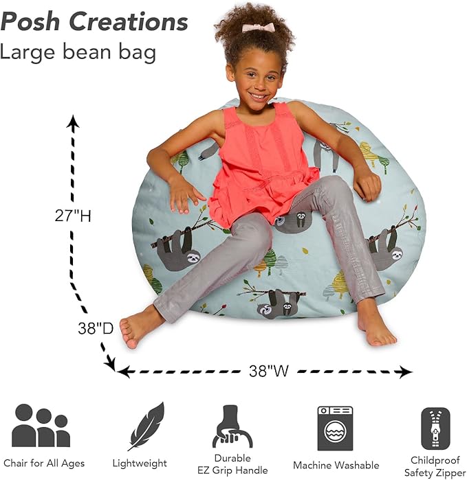 Posh Creations Bean Bag Chair for Kids, Teens, and Adults Includes Removable and Machine Washable Cover, Canvas Sloth and Trees, 38in - Large