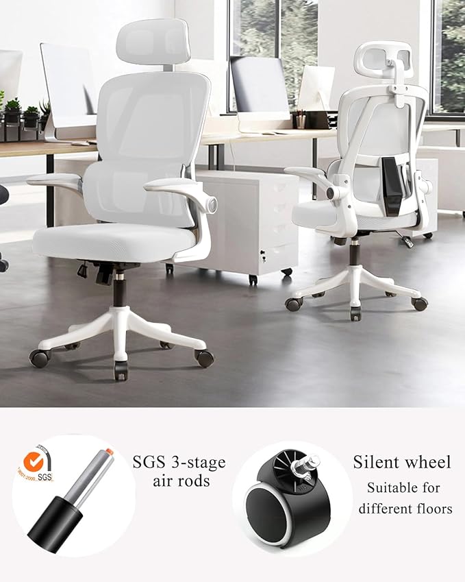 Office Chair Mesh Desk Chair, Ergonomic High-Back Rolling Gaming Work Chairs with Wheels and Adjustable Headrests,Comfortable Flip-up Arms for Home,Bedroom,Study Gaming