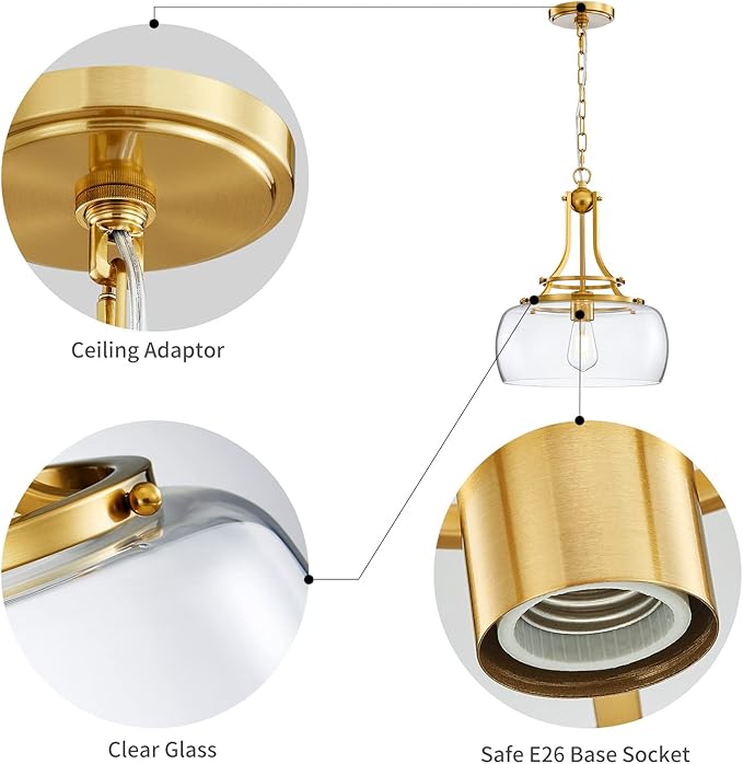 WUZUPS Chandelier Rustic Farmhouse Industrial Round Ceiling Pendant LED Light Fixture with Clear Glass Shades for Dining Room Kitchen Island Foyer Entryway, H 17" x W 13.4", E26 Base, Brushed Gold