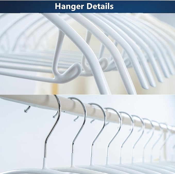 16.5 Inch White No Shoulder Bumps Non-Slip Rubber Coated Contour Metal Hanger, Sweater & T-Shirt Hanger with Pants Bar Pack of 10