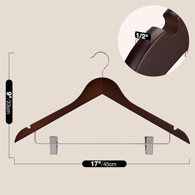 Wooden Hangers with Clips 24 PCS Pant Hangers with Clips,Smooth Solid Wooden Pants Hangers,360 Swivel Hooks & Adjustable Clips,for Jeans,Skirt,Suit,Shorts,Scarf.（Walnut）