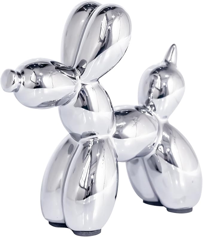 Creative Balloon Dog Statues Small Ceramic Animal Sculpture Modern Home Decor Living Room Desktop Decorations Bedroom Office Cabinet Ornament (Silver)