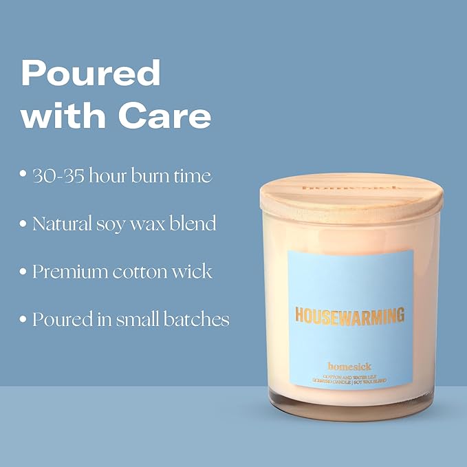 Homesick Scented Candles for Home (Housewarming) - 7.5 oz Long-Lasting Natural Soy Wax Blend Jar Candle Gift for Women & Men for All Occasions, 30-35 Hours Burn Time - Notes of Cotton & Water Lily