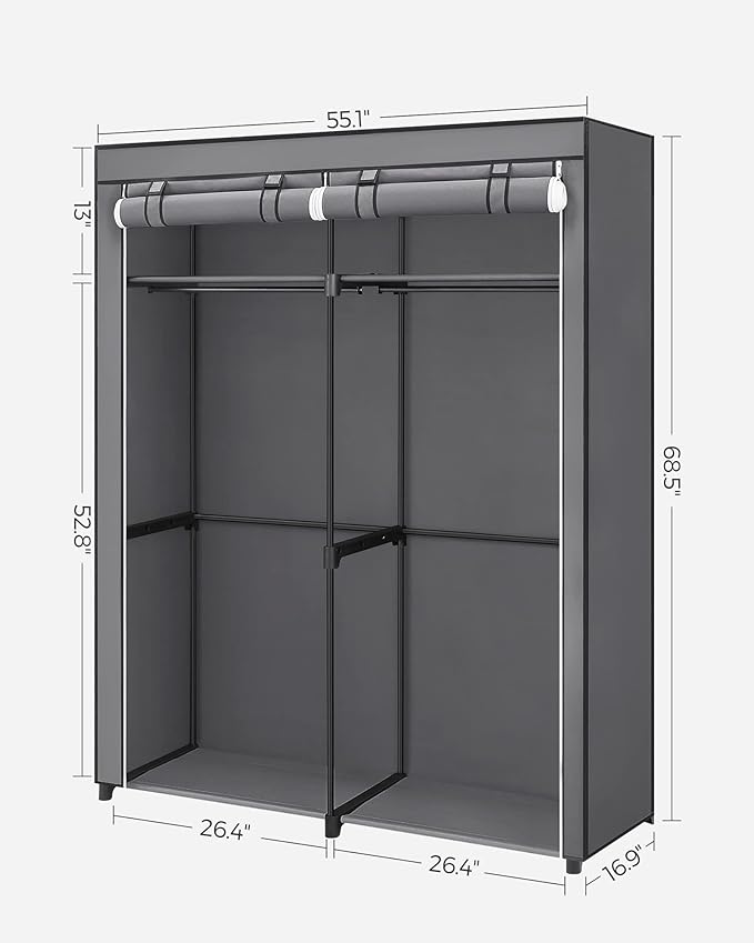 SONGMICS Closet Wardrobe, Portable Closet for Bedroom, Clothes Rail with Non-Woven Fabric Cover, Clothes Storage Organizer, 55.1 x 16.9 x 68.5 Inches, Gray URYG02GY