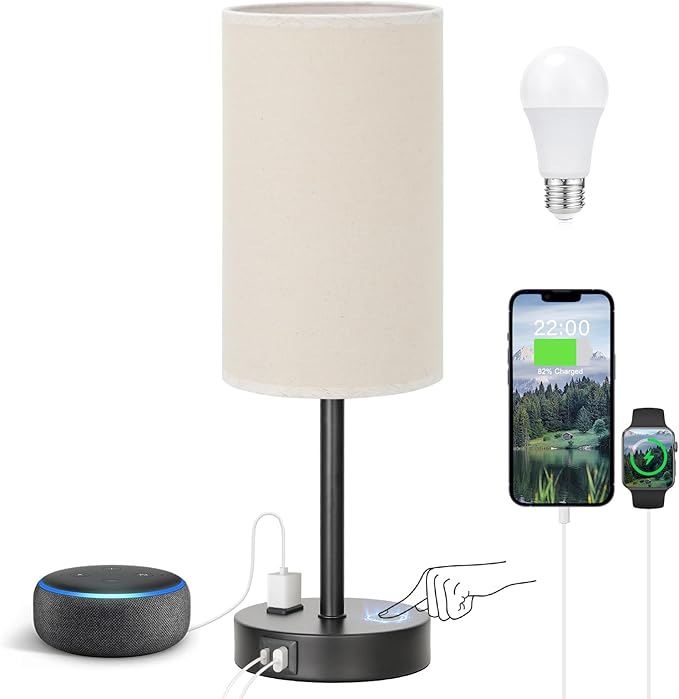 Touch Table Lamp - Beige, 3-Way Dimmable, USB A + C Charging, AC Outlet, 17.4inch Medium, Black Metal Base