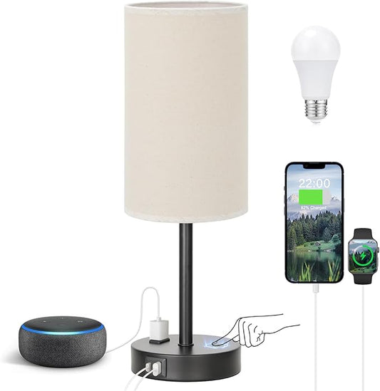 Touch Table Lamp - Beige, 3-Way Dimmable, USB A + C Charging, AC Outlet, 17.4inch Medium, Black Metal Base