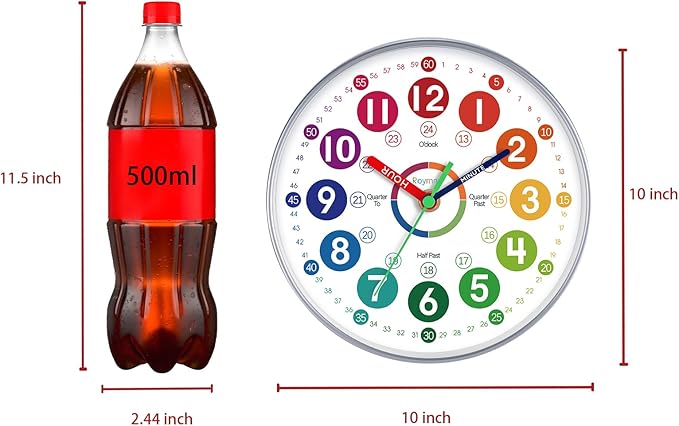 Learning Clock for Kids 10 Inch Learning to Tell Time Easily Colorful Teaching Time Clock Silent Non Ticking Battery Operated Decorative for Kids Room Classroom School Bedroom