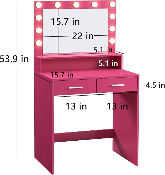 MIRROTOWEL Vanity Desk with Mirror and Lights, Dressing Table with Large Drawer, 2 Level Storage Dresser & 3 Lighting Modes Adjustable Brightness, Suitable for Bedroom