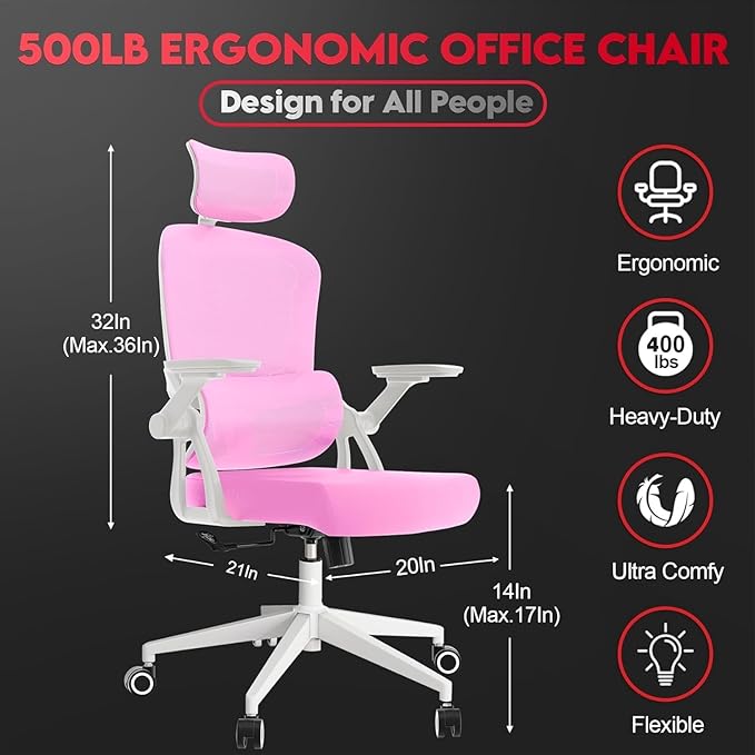 Ergonomic Office Chair - 400LB Comfy Desk Chairs with Headrest and Back Support, Heavy Duty Mesh Computer Chairs with Wheels and Arms for Home Office, Study, Bedroom and Dorm (04Pink)