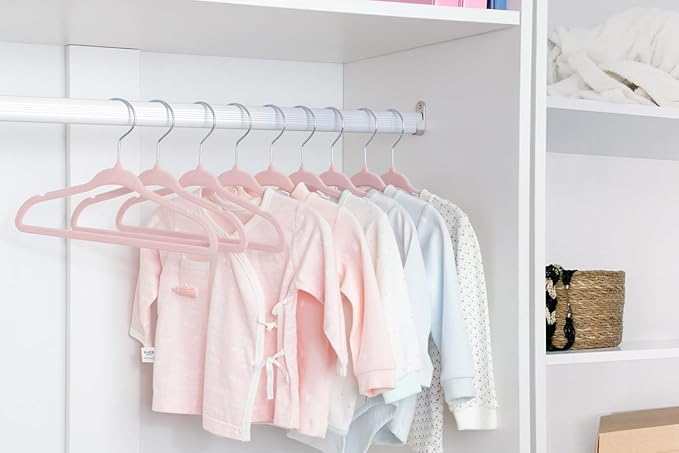 ManGotree 11" Baby Velvet Hangers, Non-Slip Infant Coat Hangers, Ultra-Thin Toddler Felt Hanger with 360° Swivel Hook, Space Saving Children's Hanger for Kids Clothes, 48 Pack (Light Pink)