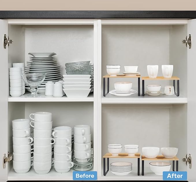 MOOACE Kitchen Cabinet and Counter Shelf Organizer, Stackable & Expandable, Set of 4, Black and Natural