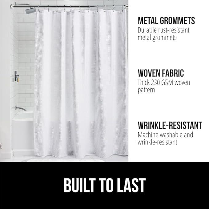 GORILLA GRIP Waffle Shower Curtain, Thick Weighted Fabric, 72x78, Wrinkle and Rust Resistant, Classic Hotel Quality Design, Heavy Duty Long Curtains for Bathroom Showers, Bath Tubs, Machine Wash White