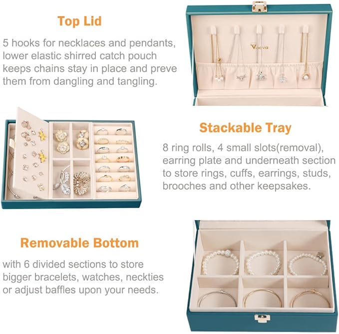Voova Jewelry Box Organizer for Women Girls, 2 Layer Large Men Jewelry Storage Case, PU Leather Display Jewellery Holder with Removable Tray for Necklace Earrings Rings Bracelets, Indigo
