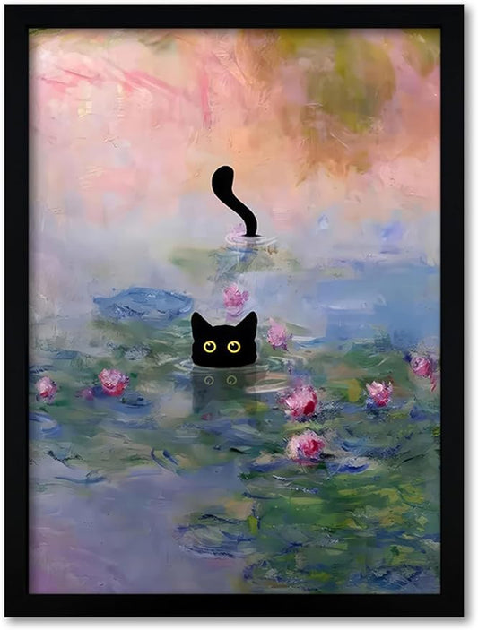 Krtoni Framed Funny Black Cat Canvas Wall Art, Black Cat in the Pink Water Lily Wall Decor, Vintage Preppy Aesthetic Animal Posters Prints for Living Room Bedroom Bathroom Decor 16''L x 12''W