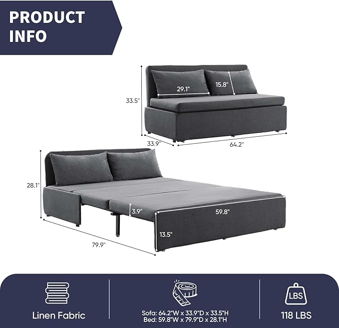 Queen Size Sofa Bed, Pull Out Sofa Bed with Cushions & Throw Pillows, Linen Couch Beds, Modern Convertible Sleeper Sofas Beds, Loveseat for Living Room for Small Spaces - Dark Grey