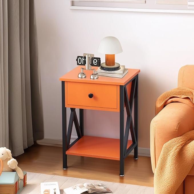 VECELO Nightstand,Modern Bedside End Table, Night Stand with Drawer and Storage Shelf for Living Room Bedroom, Industrial Metal Frame