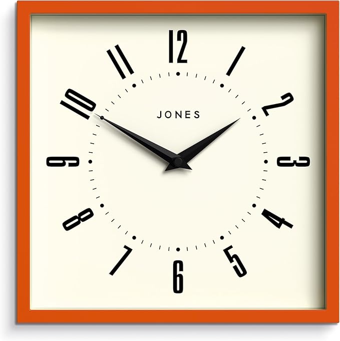 JONES CLOCKS® Box Wall Clock | Retro Square | 10 inch | Orange | Easy to Read Numbers | Perfect Kitchen or Office Clock