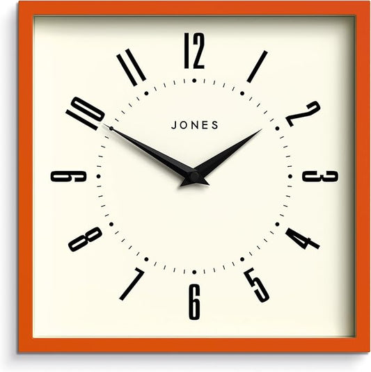 JONES CLOCKS® Box Wall Clock | Retro Square | 10 inch | Orange | Easy to Read Numbers | Perfect Kitchen or Office Clock