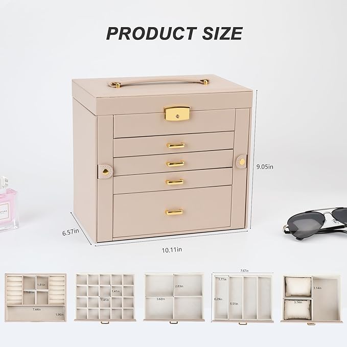 Large Jewelry Box, Jewelry Boxes for Women Large Jewelry Organizers and Storage, Women Large Jewelry Box with Mirror, 5 Layers 4 Drawers Jewelry Box with Handle Jewelry Organizer, Apricot