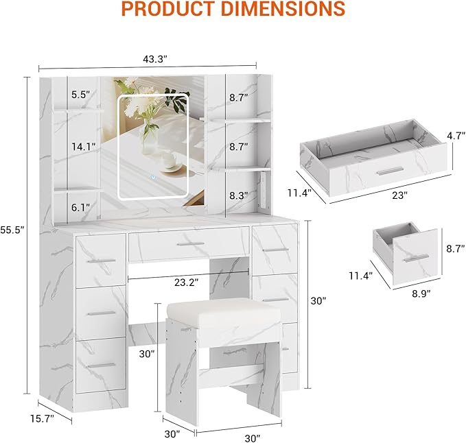 Hetoy Vanity Desk with Mirror and Lights - Makeup Vanity Desk with Chair - Dressing Table with 7 Drawers and Hair Dryer Rack for Bedroom